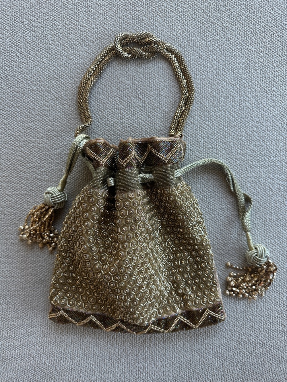 Gold Beaded Drawstring Evening Bag